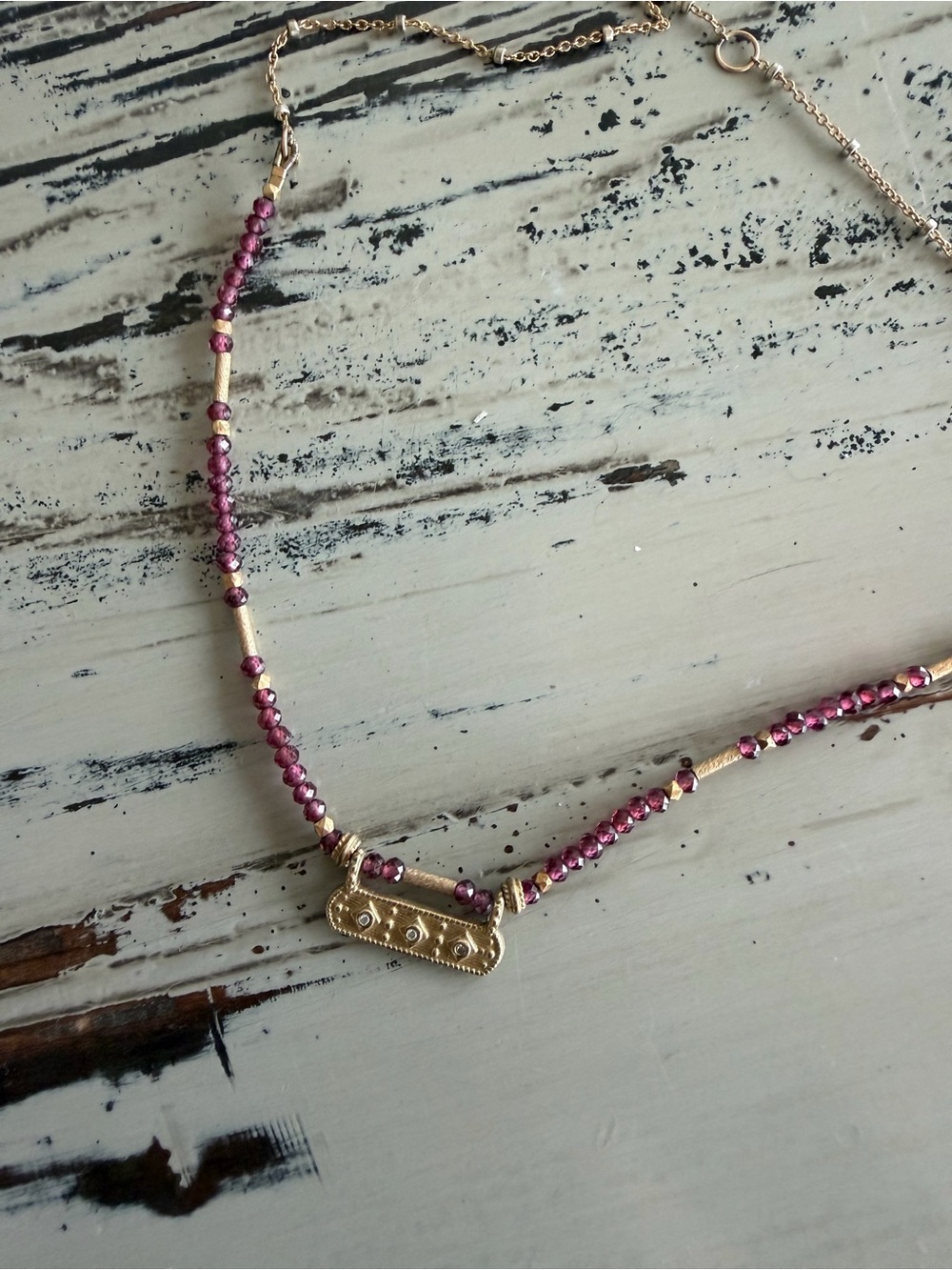 Gold Bar Necklace with Ruby Gemstone Beaded Chain - Women Jewelry